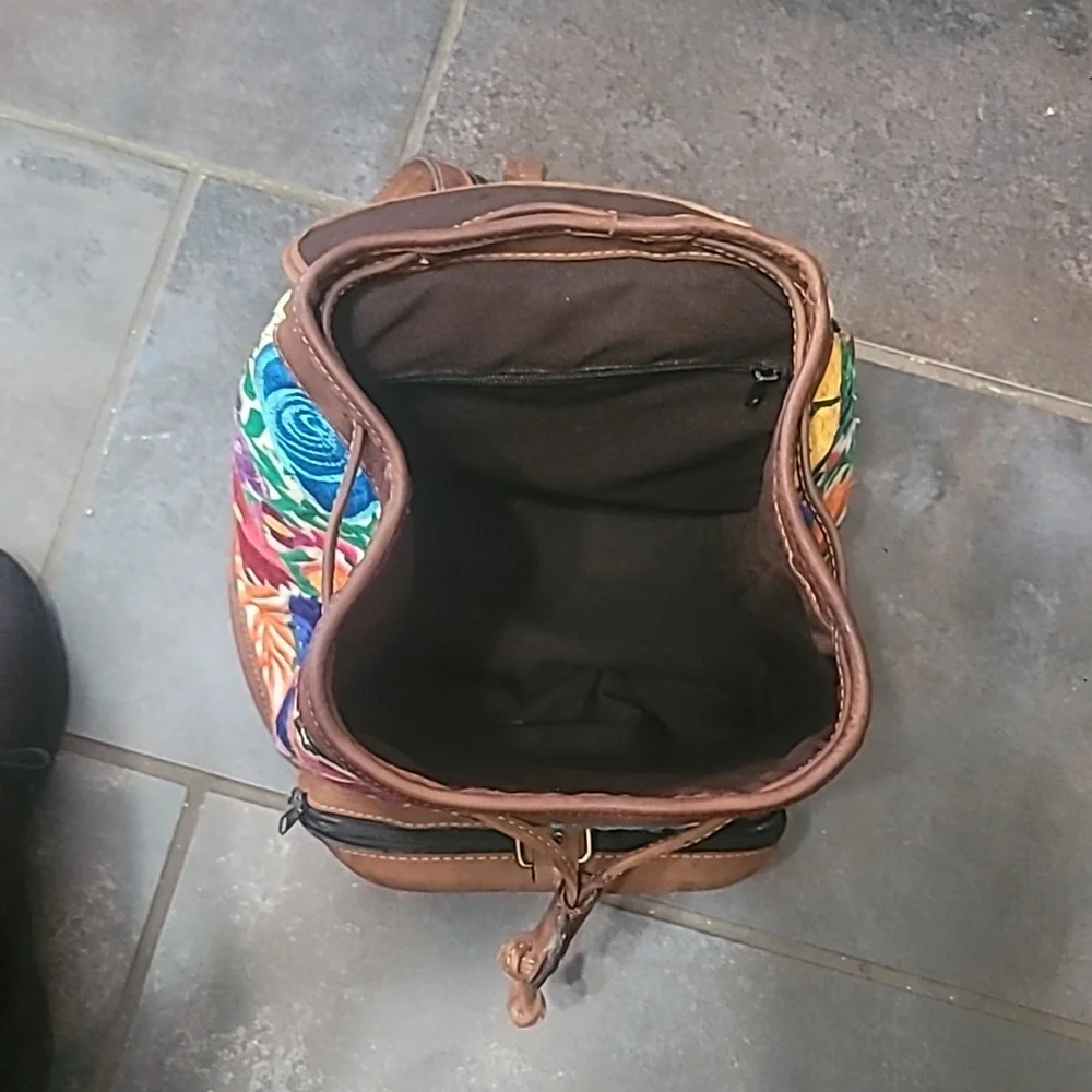 Embroidered Floral Leather-Trim Backpack Purse- Multicolor
